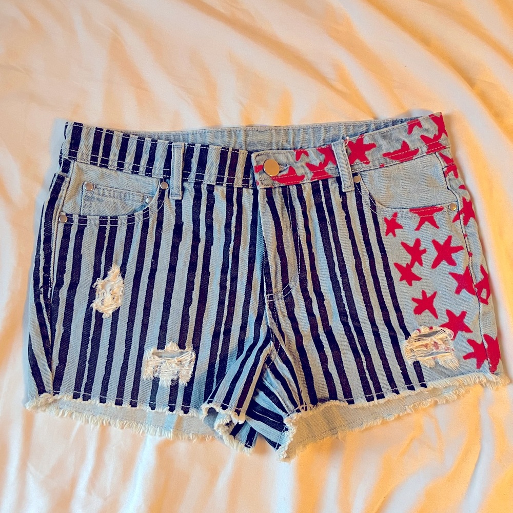 Striped and Star Patterned Jean Shorts